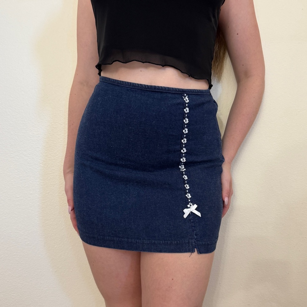 Amy Byer Blue Mini Skirt with Floral Embroidery
